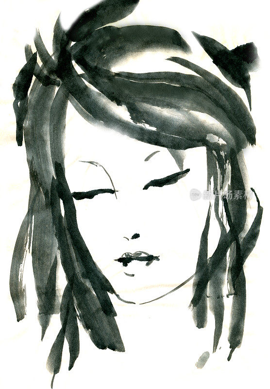 年轻的日本女孩。在宣纸背景上简单的极简风格的墨水插图。传统的东方水墨画sumi-e, u-sin, go-hua。象形文字-清晰